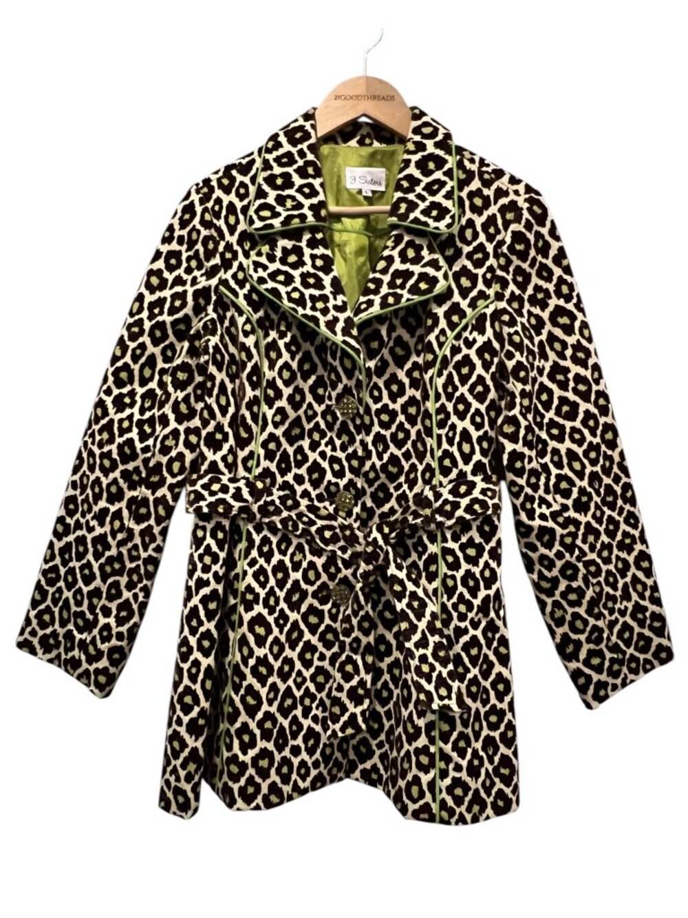 3 Sisters Y2K Leopard Print Trench Coat, USA, Tan Brown Green, L